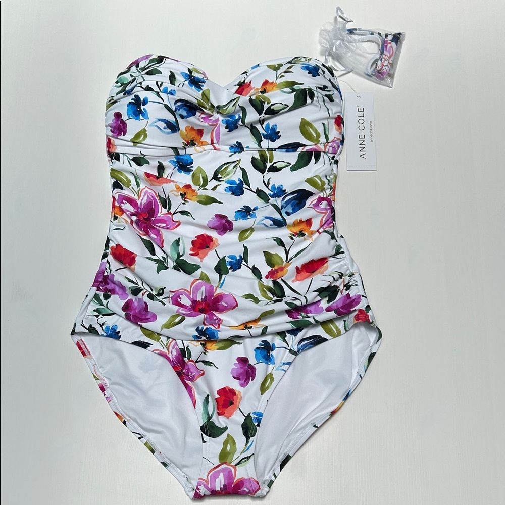 Anne Cole White Floral One-Piece Swimsuit with Multicolor Blooms